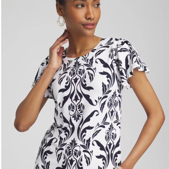 NWT Chico’s Touch of Cool Swirl Ruffle Sleeve Tee Navy - Picture 1 of 7